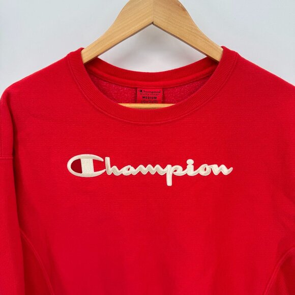 Champion Logo Reverse Weave Sweatshirt Womens Medium Red Cotton‎ Polyester - Picture 2 of 9